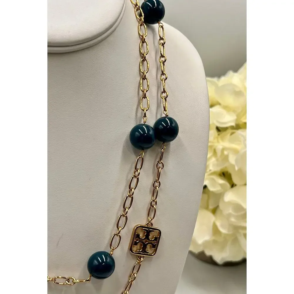 Tory Burch‎ Designer Evie Teal Resin Logo Station Gold Plated Necklace
